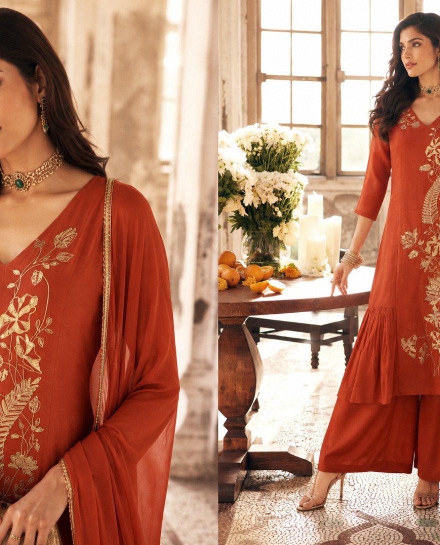 7112 - Orange Chanderi Embroidered Palazzo Salwar Kameez